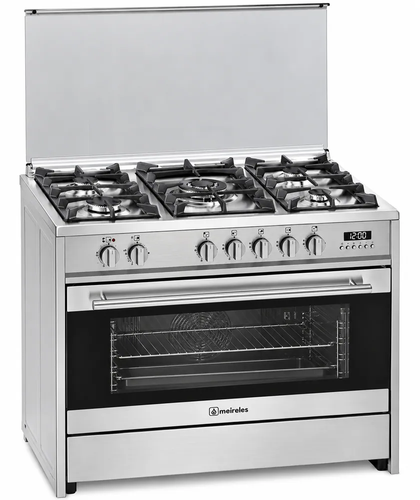 MEIRELES COOKER 90 X 60 GAS 5 BURN. GAS HOB ELECTRIC OVEN 8 FUNCTIONS 121L SS